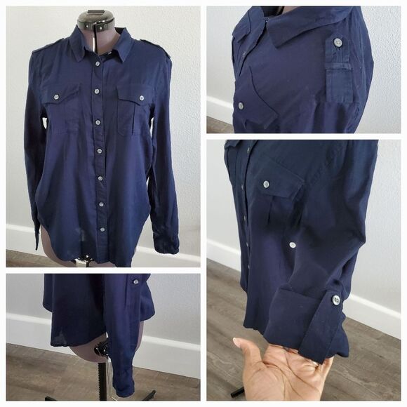NWT GH Bass & Co Women's Button-down Shirt Small Navy Cotton Basic Classic - Picture 2 of 9